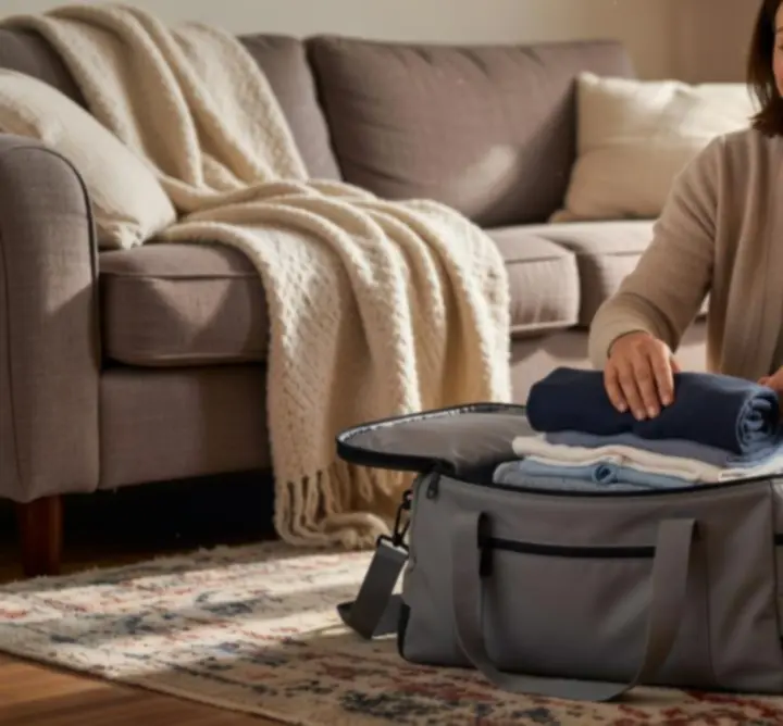 Zadowolony klient trzymający torbę podróżną z uporządkowanymi organizerami Pack Organize.