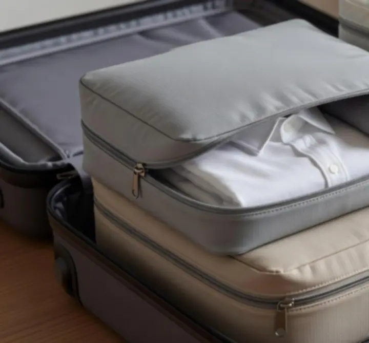 Zestaw kostek do pakowania Pack Organize starannie ułożonych w walizce.