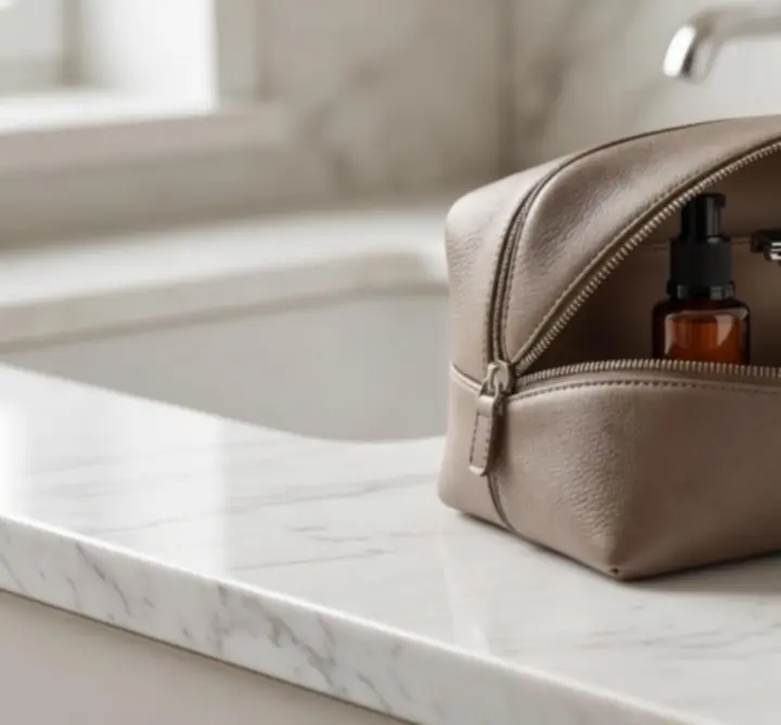 Elegancka kosmetyczka podróżna Pack Organize rozłożona na blacie z akcesoriami toaletowymi.