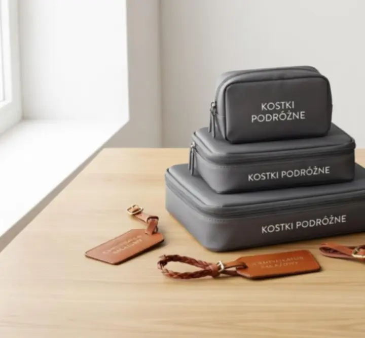 Zestaw nowoczesnych akcesoriów podróżniczych ułożonych obok walizki