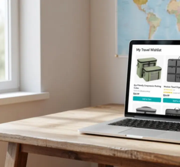 Biurko z laptopem i listą ulubionych produktów podróżnych Pack Organize